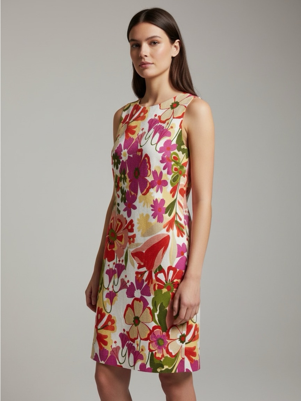 New Anne Klein Cream Shift Dress with Pink, Red & Green Floral Print size 10